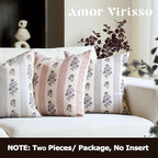 Amor Virisso Floral Throw Pillow Covers 20x20 Set of 2 Block Print Pillow Covers Neutral Floral Striped Farmhouse Decorative Pillow Covers for Sofa Couch Bed, Light Taupe - Image 6