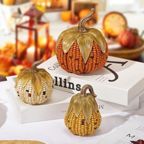 Briful Fall Corn Pumpkin Set 3PCS Resin Pumpkins Harvest Decorative Faux Corn Pumpkins for Home Thanksgiving Table Centerpiece Tray Display Indoor & Outdoor Autumn Decor - Image 7