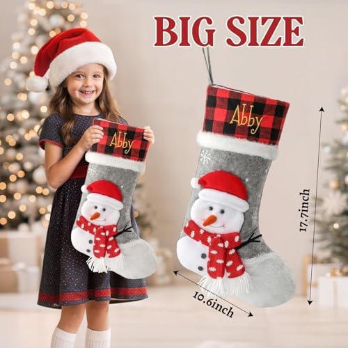 Personalized Christmas Stockings with Embroidered Name & Monogram,Custom 3D Xmas Character Stocking 3 Pack 18” Large,Santa,Snowman & Reindeer Fireplace Hanging Red Burlap Plaid Stockings(F) - Image 3
