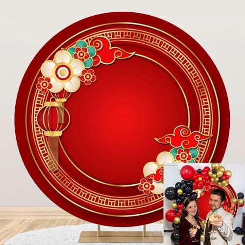 Happy Chinese New Year Round Backdrop Cover Red Lantern Floral Lunar New Year Photography Background 2025 Year of The Snake Chinese Spring Festival Celebration Party Decorations Supplies 6ft by OERJU