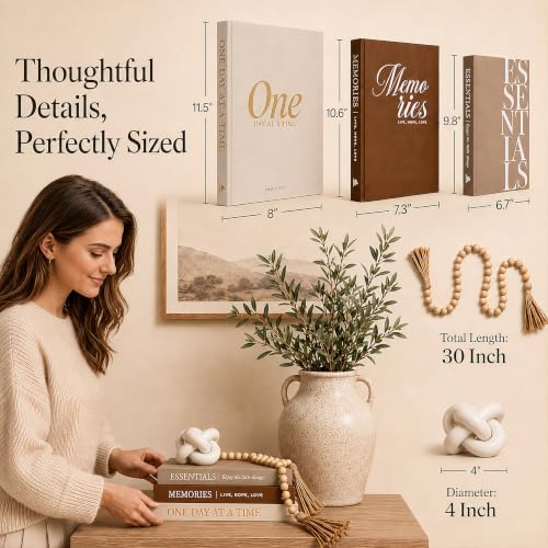 5Pcs Set: 3 Linen Decorative Books for Home Decor, Wood Knot & Bead Garland - Image 4