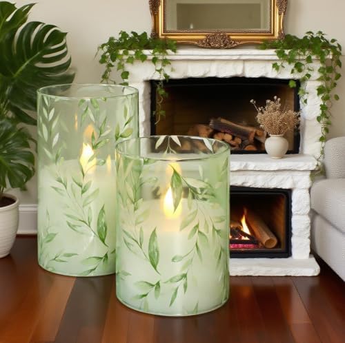 Green Flameless Candles with Remote Control - Willow Leaf Design Battery Operated Candles - Elegant Home Christmas Spring Summer Decor Set of 3 - Image 3
