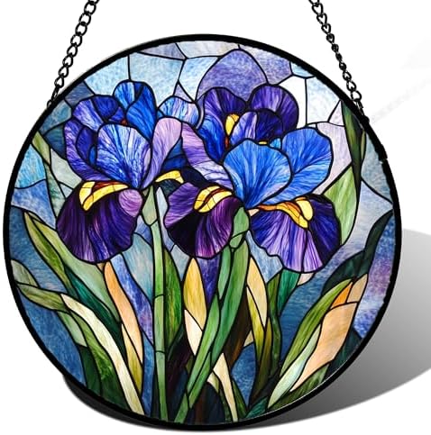 Blue Purple Iris Flowers Stained Glass Window Hanging Suncatcher Gifts 15" by Follow