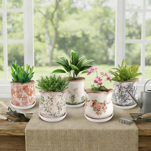 Ceramic-Planters-for-Indoor-Plants with Saucer, 6 inch Vintage Ice Crackle Glaze Plant Pots with Drainage Holes, Decorative Flower Pots for Outdoor Garden Home Decor, Tuscan Pot for Plant - Image 2