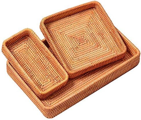 i-lan Rattan Serving Tray Set of 3, Rectangular Wicker Trays, Natural Brown - Image 4