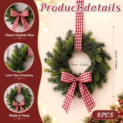 Thiccywoov 8 Pcs 9" Mini Christmas Wreaths for Cabinets with Plaid Bow - Image 4