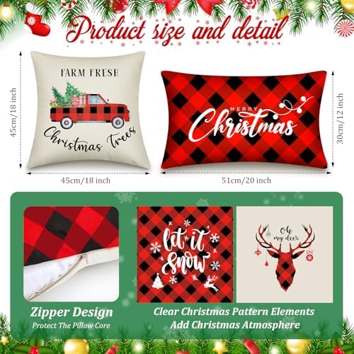 Newwiee 10 Piece Throw Pillows Covers Decorations Snowman Wreath Santa Claus Tree Red Buffalo Plaid Merry Christmas Pillow Covers for Couch Sofa(Plaid) - Image 2