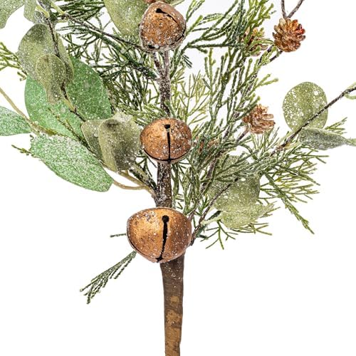 Vickerman 20" Artificial Winter Cedar Spray with Pinecone, Eucalyptus, and Brown Jingle Bells 2/Bag. - Image 3