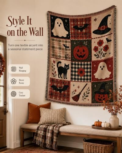 Halloween Tapestry Throw Blanket, Vintage Patchwork Woven Fringe Wall Decor - Image 3