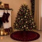 Wine Red Velvet Christmas Tree Skirt, 60 Inch Christmas Tree Skirt with Ruffled Edge and Pearl Trim - Image 3