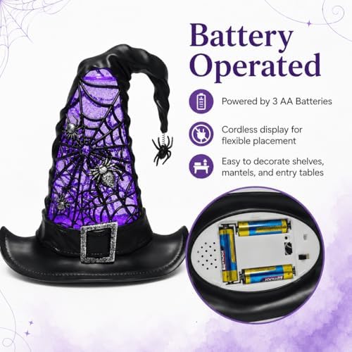 Halloween Witch Hat Snow Globe Lantern with Purple Light & Swirling Glitter, 9.5 Inch Lighted Halloween Tabletop Decor with Spider Web & Hanging Spider, Battery Operated for Mantel Shelf Party - Image 6
