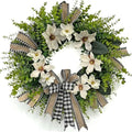 24 Inch Artificial Magnolia Wreath for Front Door – Farmhouse Boxwood Greenery Wreath with Buffalo Plaid Bow, Year-Round Rustic Home Wall Decor for Porch, Entryway, Living Room by IVKHE%E4%B8%A8PremiumHomeDecor