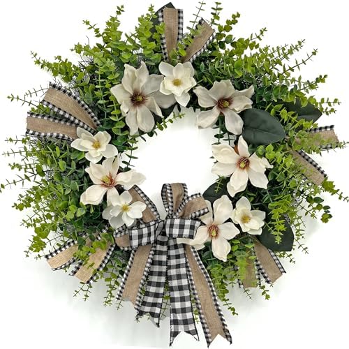 24 Inch Artificial Magnolia Wreath for Front Door – Farmhouse Boxwood Greenery Wreath with Buffalo Plaid Bow, Year-Round Rustic Home Wall Decor for Porch, Entryway, Living Room by IVKHE%E4%B8%A8PremiumHomeDecor