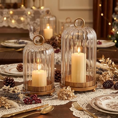 Vintage Brass Metal Candle Lantern with Ribbed Thick Glass Dome Set of 2 - Image 6