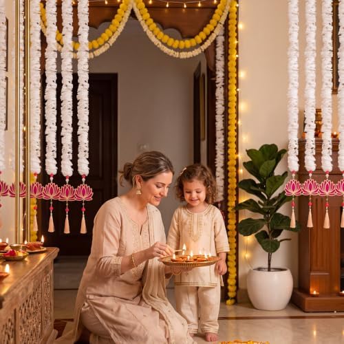 6 Pcs Indian Garland for Decor 33 Inch Lotus Diwali Hanging Decor, White - Image 4