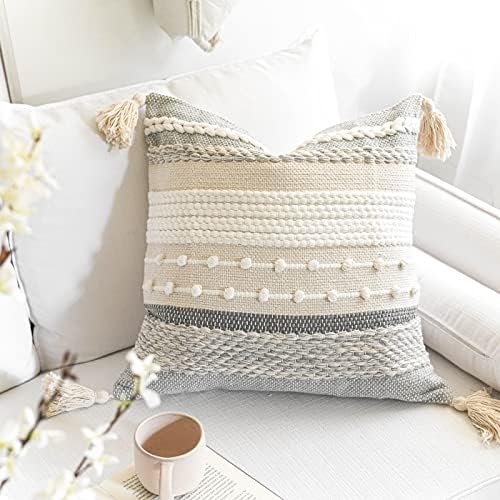 BlissBlush Gray Boho Throw Pillow Cover 18x18 Grey Decorative Accent Pillow for Couch Square Woven Textured Pillowcase Modern Farmhouse Pillow for Bed Bohemian Pillow Cover (Pack of 1) - Image 5