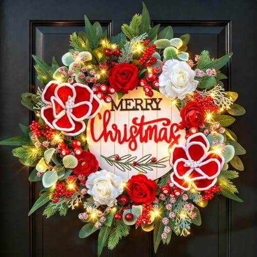 Pre Lit Christmas Wreaths for Front Door 24 Inch Xmas Wreath with Lights - Image 2