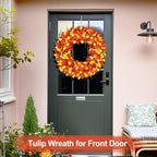 Realistic Tulip Wreaths for Front Door Floral Door Wreath for Spring Summer Fall Decor for Outdoor Indoor Window Wall Front Porch Farmhouse Home Easter Thanksgiving 22" Red Orange Yellow - Image 5