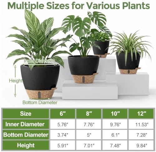Plant Pots, 12" 10" 6" 8" Self Watering Pots with Water Level Indicator, Set of 5 Flower Pots Indoor with Drainage Holes, Modern Planters for Indoor Outdoor Plants, Room & Office Décor - Image 4