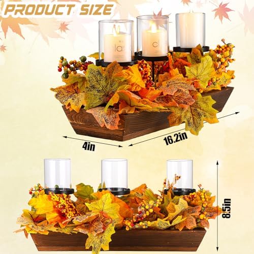 Fall Table Centerpiece Fall Thanksgiving Candle Holder with 3 Candle Holders and 3 Glass Cups, Artificial Maple Leaf Harvest Table Centerpiece with Pumpkins Berries - Image 2