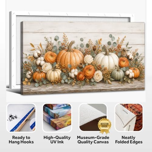 WAXWHELK Pumpkin Fall Canvas Wall Art, Autumn Thanksgiving Rustic Farmhouse Painting Pictures, Floral Pumpkin Artwork for Living Room Bedroom Home Decor (20"x40") - Image 6