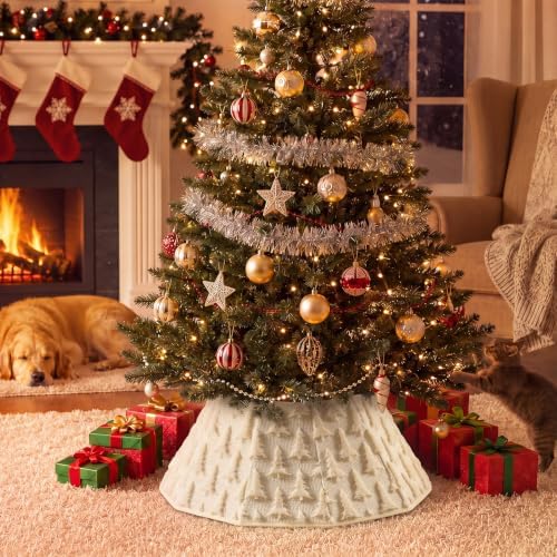 Soulchen 30 Inch Christmas Tree Collar Beige Xmas Tree Skirt Ring Jacquard Velvet Foldable Christmas Base Cover for Xmas Base Stand Cover Holiday Party Indoor Home Decorations - Image 5