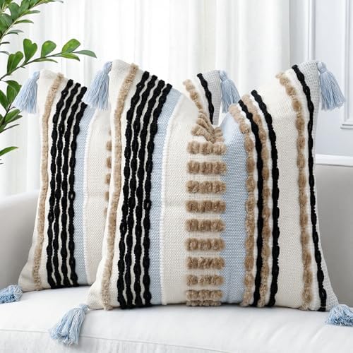 NUYECY Boho Throw Pillow Covers 18x18 Aesthetic Neutral Boucle Couch Pillow Cover Rainbow Striped Decorative Accent Pillow Case for Couch Bed Sofa Farmhouse Bedroom,Modern Funky,Set of 2 Khaki by NUYECY