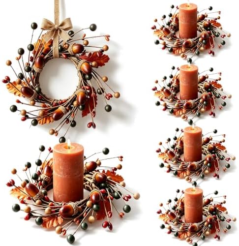 6 Pcs Mini Fall Candle Ring Wreaths Autumn Acorns Berries Mixed Oak Leaves Artificial Pillar Candle Holder Wreath for Farmhouse Thanksgiving Harvest Porch Front Door Cabinets Table Decoration by Unknown