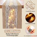 Tudomro 12 Pcs Burlap Table Runner with LED String Lights 12 x 108 Inches Rustic Jute Lace Table Runners Farmhouse Jute Linen Decoration Wedding Decor for Holiday Party Wedding Decorations - Image 3