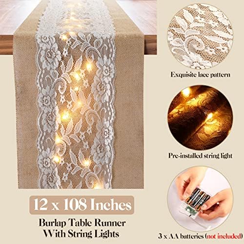 Tudomro 12 Pcs Burlap Table Runner with LED String Lights 12 x 108 Inches Rustic Jute Lace Table Runners Farmhouse Jute Linen Decoration Wedding Decor for Holiday Party Wedding Decorations - Image 3