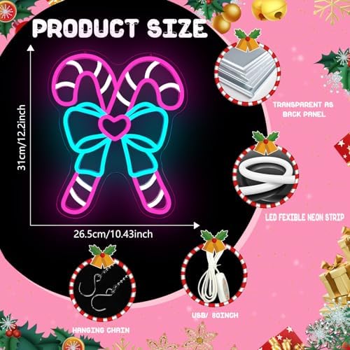 Pink Candy Canes Neon Sign Candy Christmas Neon Sign for Wall Decor Pink Christmas Decor Led Sign with Bow Xmas Neon Light Up Signs for Window Bedroom Holiday Xmas Party Home Decoration Gift Winter - Image 3