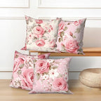 Rose Flowers Pillow Covers Pink Floral Green Leaves Set of 4 Blooming Peony Bouquet Retro Vintage Romantic Square Linen Pillowcases for Outdoor Couch Sofa Bedroom Patio Farmhouse 26x26Inch - Image 5