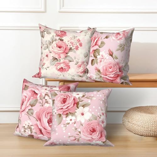 Rose Flowers Pillow Covers Pink Floral Green Leaves Set of 4 Blooming Peony Bouquet Retro Vintage Romantic Square Linen Pillowcases for Outdoor Couch Sofa Bedroom Patio Farmhouse 26x26Inch - Image 5