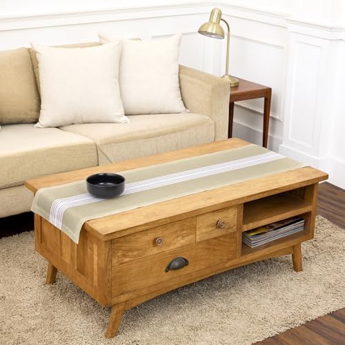 Solino Home 100% Linen Table Runner, 14 x 48 in, White and Khaki Striped by SolinoHome