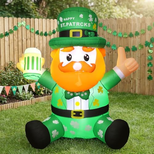 6FT St. Patricks Day Inflatables Outdoor Decorations, Blow Up Sit Down Leprechaun Holds Beer Cup,Wearing Shamrock Hat,Built-in LED Lights,St Patricks Day Décor for Irish Outdoor Garden Yard Holiday - Image 2