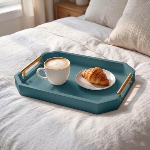 Decorative Wood Serving Tray with Polished Gold Handles, Octagon MDF Tray, Glossy Finish, 16x12 Inch, for Coffee Table, Ottoman (Teal) - Image 4