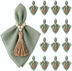 Cheesecloth Napkins with Wooden Bead Napkin Rings Set, 12 Gauze Cloth 20x20 Inch Dinner Napkins and 12 Boho Wood Bead Napkin Ring Holders for Wedding, Baby Shower, Bridal Shower(Green) by Ferrochef