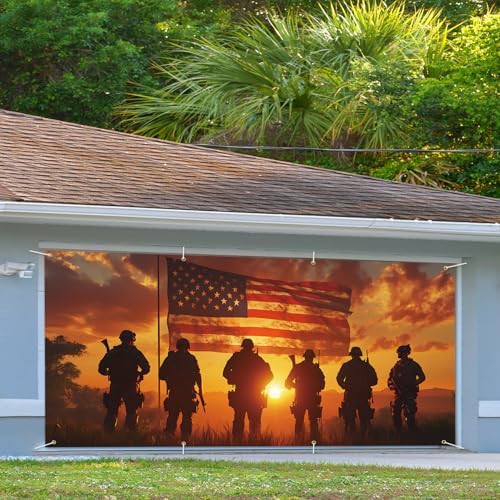 13x6 ft Patriotic Silhouette Garage Door Banner - Saluting Figures with American Flag Backdrop, Hanging Garage Decorations - for Memorial Day Veterans Day Tribute, Military Honor Outdoor Wall Sign - Image 6