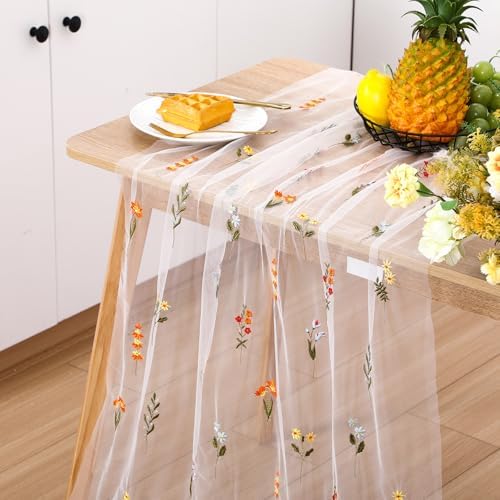 Boao 3 Pcs Wildflower Table Runner Embroidery Tulle Spring Summer Table Runner 120 Inch 10 ft Kitchen Dining Decoration for Wedding Baby Shower Bridal Shower Home Decor Birthday Party (Ivory) - Image 4