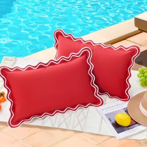 JOJOGOGO Red Scalloped Outdoor Lumbar Pillow Covers 12x20 Waterproof & Fade-Resistant by JOJOGOGO