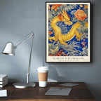 Chinese Lunar Year of the Dragon Art Print – Chinese Zodiac Wall Decor with Orange Peony & Iris Pattern Gilded Dark Blue Oriental Home Decor Poster for Bathroom Bedroom 12X18 in Wrapped Framed - Image 6