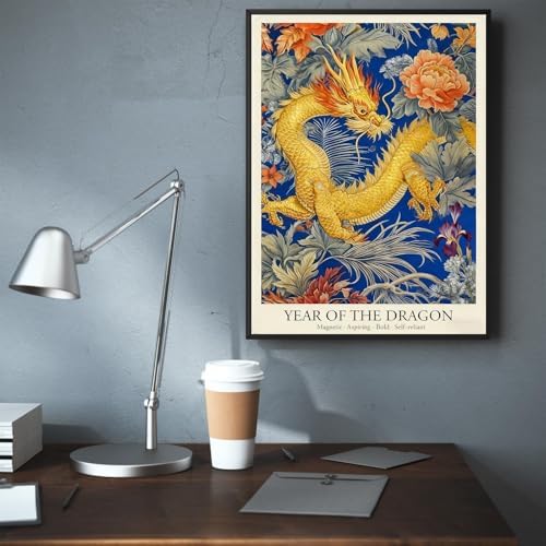 Chinese Lunar Year of the Dragon Art Print – Chinese Zodiac Wall Decor with Orange Peony & Iris Pattern Gilded Dark Blue Oriental Home Decor Poster for Bathroom Bedroom 8X12 in Black Framed - Image 6