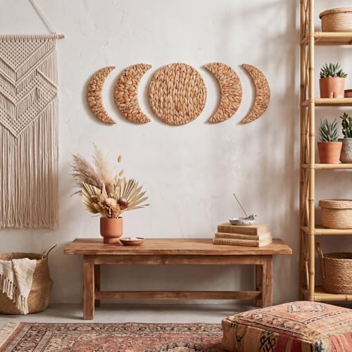 Leinuosen 5 Pcs Boho Moon Phase Wall Decor, Woven Water Hyacinth Hanging - Image 4