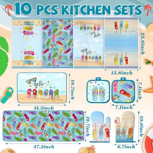 VitalCozy 10 Pcs Summer Flip Flop Beach Kitchen Decor Set Kitchen Towels - Image 3