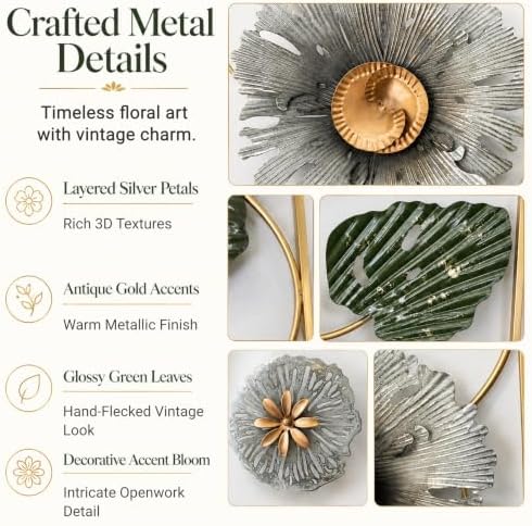 BIOGRN Metal Wall Art Set of 2, 3D Framed Floral Metal Wall Art Decor - Image 3