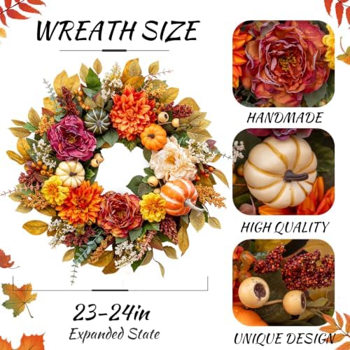 Fall Wreaths for Front Door Outside 24 Inch,Rustic Harvest Autumn Wreath - Image 2
