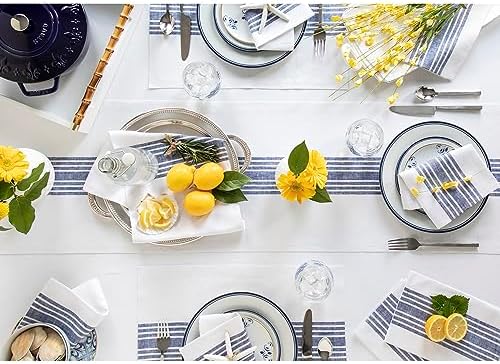 Solino Home 100% Linen Table Runner, 14 x 108 in, Navy and White Striped - Image 3