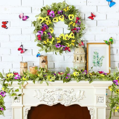 Hotop 2 Pcs Spring Summer Door Wreath for Front Door 22'' Artificial Yellow Purple Pansy Floral Wreath with Butterfly Green Eucalyptus Leaves for Indoor Outdoor Home Wedding Farmhouse Window Decor - Image 6