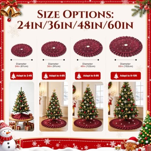 Velvet Christmas Tree Skirt, 60 Inches Ruffled Glitter Tree Skirt, Burgundy - Image 3