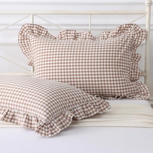 Silnuo Taupe/White Gingham Plaid Ruffled Pillow Covers King Size Set of 2 by Silnuo